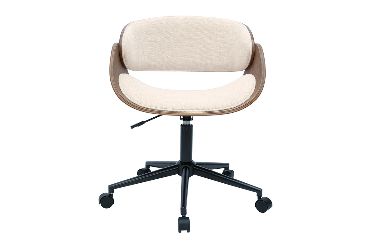 Chaise de bureau � roulettes design en bois fonc� et tissu effet velours textur� beige BENT