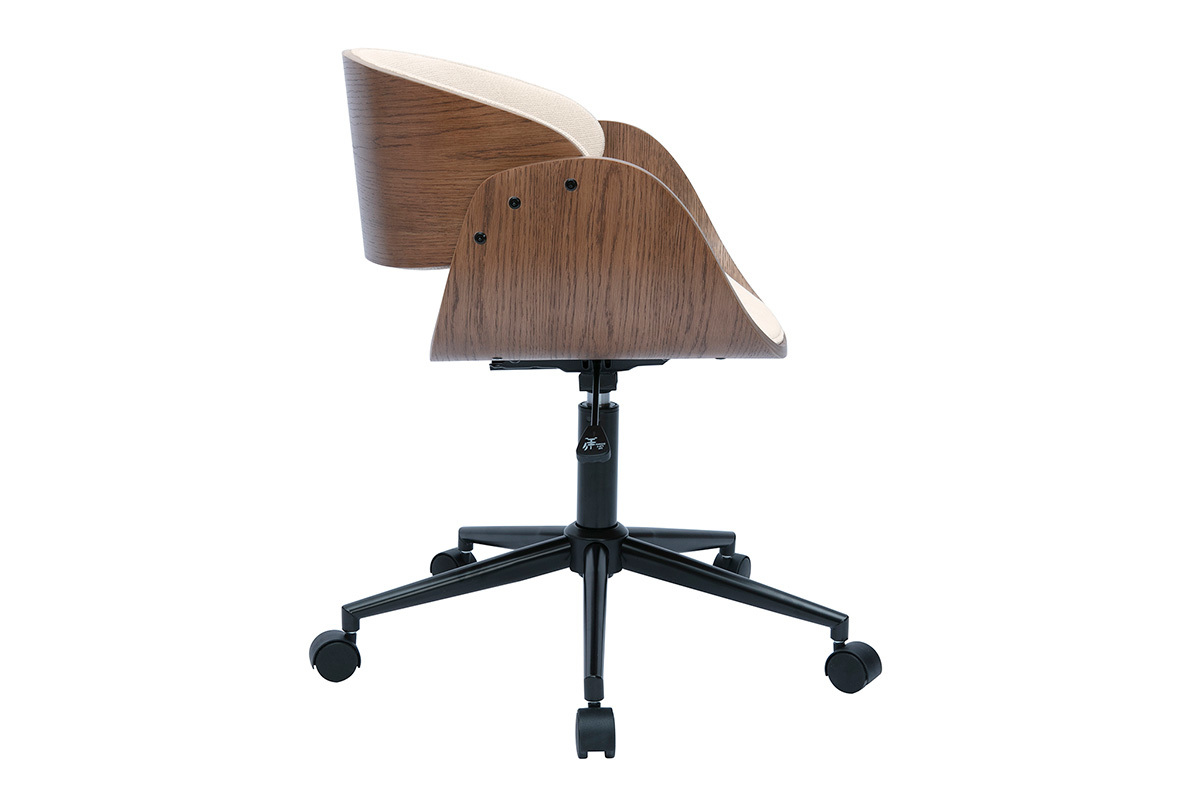 Chaise de bureau � roulettes design en bois fonc� et tissu effet velours textur� beige BENT