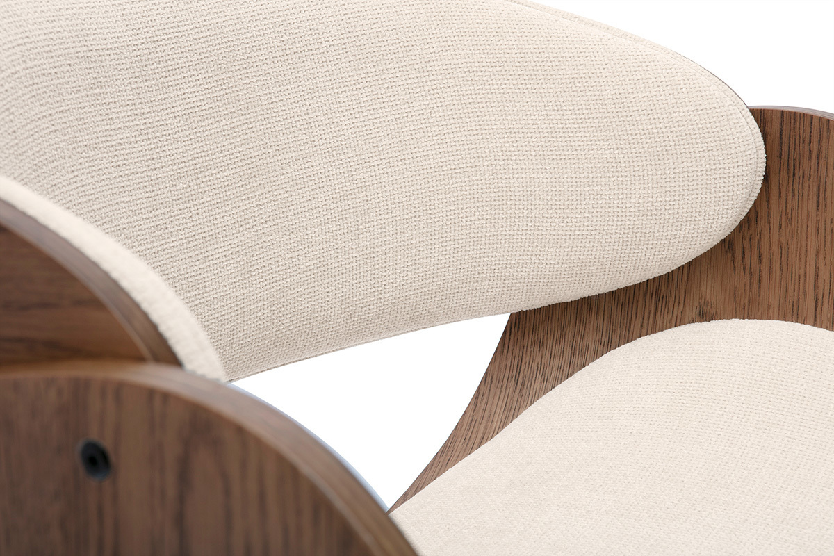 Chaise de bureau � roulettes design en bois fonc� et tissu effet velours textur� beige BENT