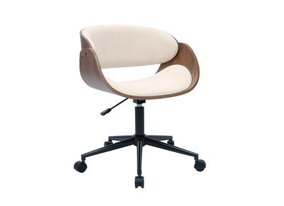 Chaise de bureau &agrave; roulettes design en bois fonc&eacute; et tissu effet velours textur&eacute; beige BENT