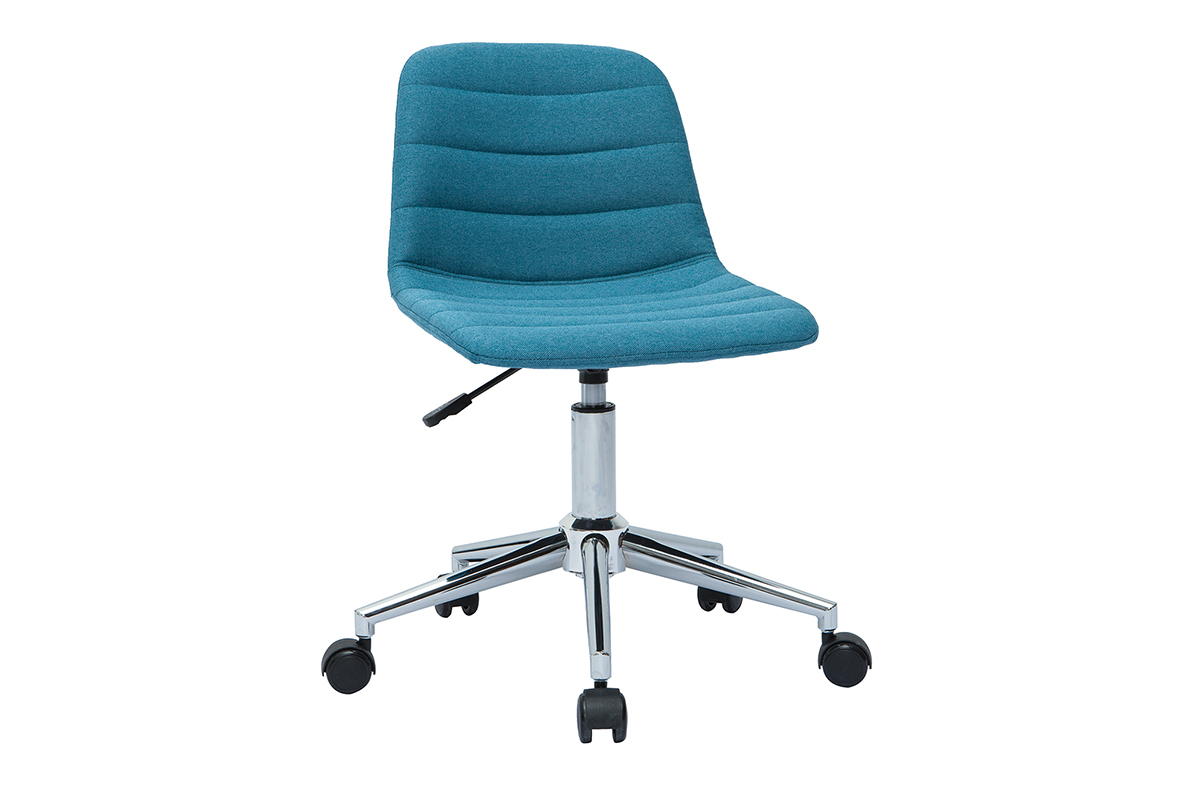 Chaise de bureau en tissu bleu canard et acier chrom� avec roulettes, vue de 3/4.