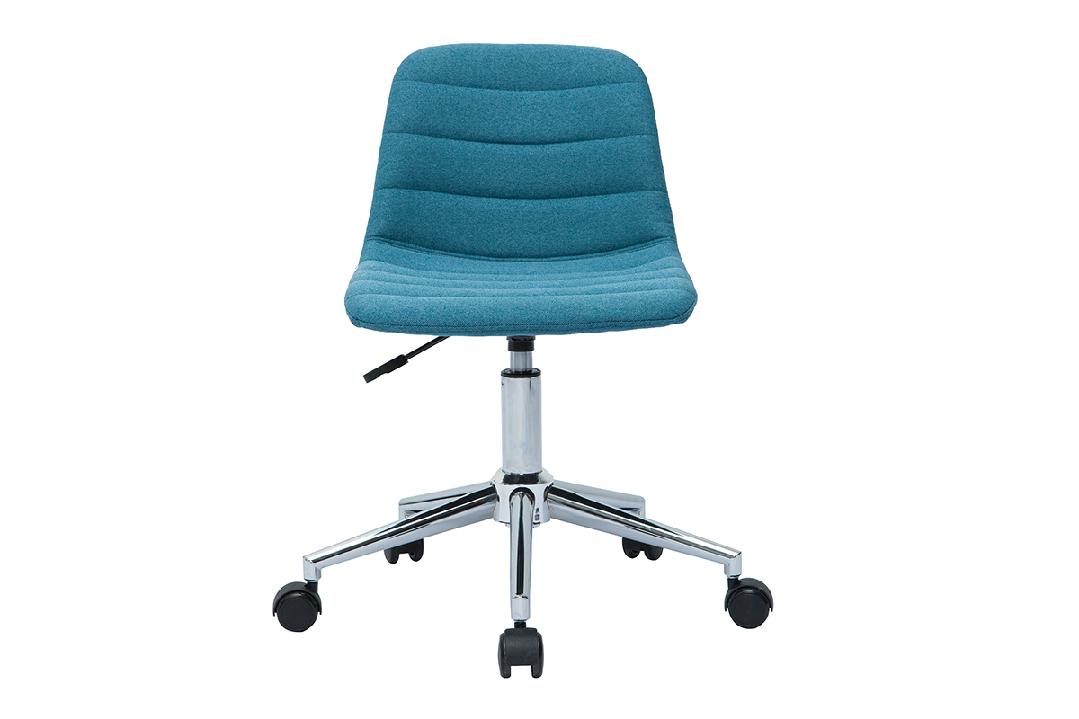 Chaise de bureau bleu canard avec roulettes et pi�tement chrom�, vue de face.