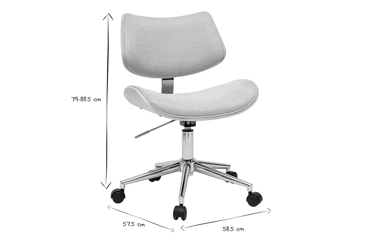 Chaise de bureau � roulettes design en tissu effet velours textur� beige, bois clair ch�ne et m�tal MALMO