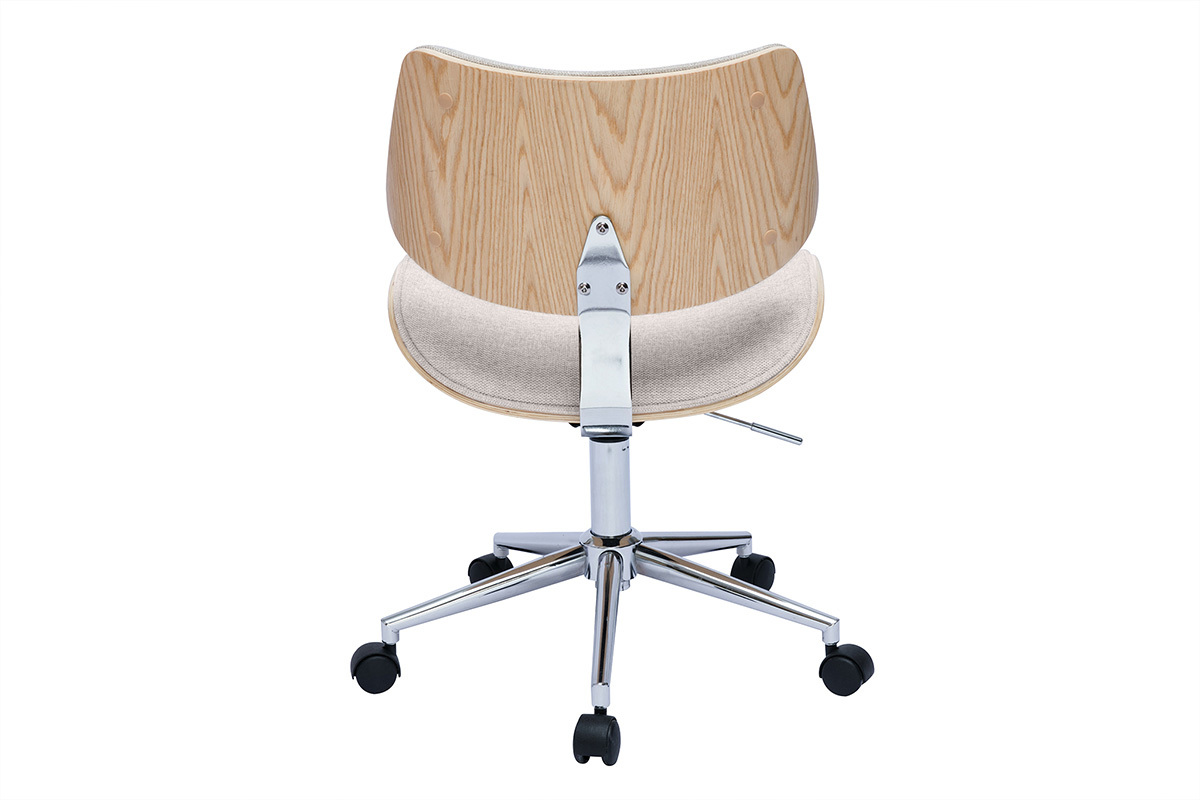 Chaise de bureau � roulettes design en tissu effet velours textur� beige, bois clair ch�ne et m�tal MALMO