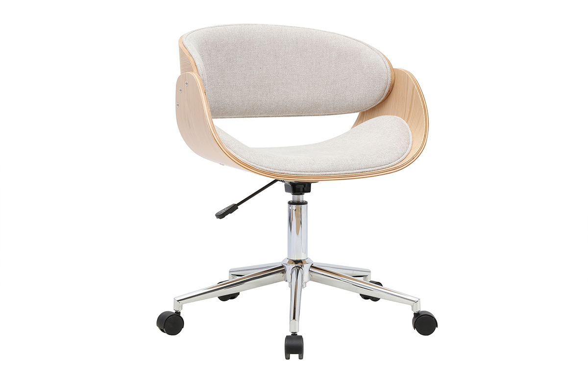 Chaise de bureau � roulettes au design �pur�, tissu beige et bois clair, vue de 3/4.