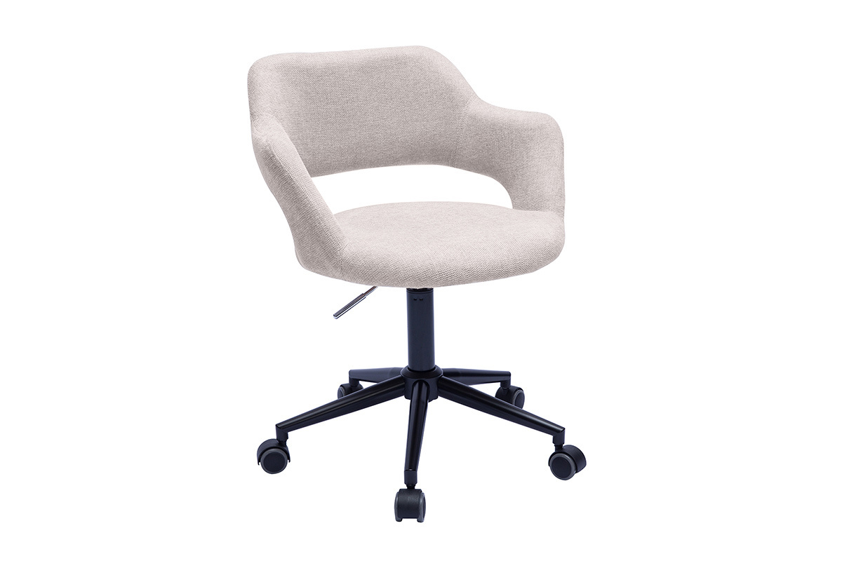 Chaise de bureau � roulettes design en tissu effet velours textur� beige et m�tal noir JESSY