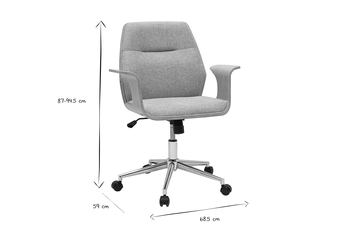 Chaise de bureau en tissu avec dimensions 87-94,5 cm de hauteur, 68,5 cm de largeur, 59 cm de profondeur, noir et blanc.