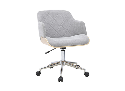 Chaise de bureau &agrave; roulettes design en tissu effet velours textur&eacute; gris, bois clair et acier chrom&eacute; SANDRO