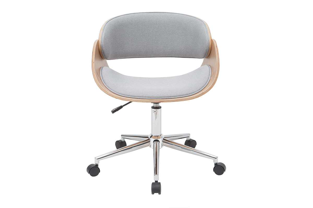 Chaise de bureau � roulettes design en tissu gris, bois clair et acier chrom� BENT