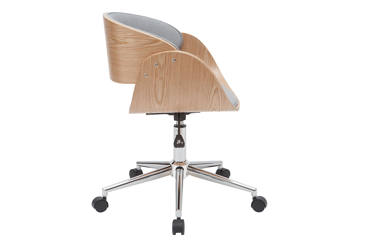 Chaise de bureau � roulettes design en tissu gris, bois clair et acier chrom� BENT