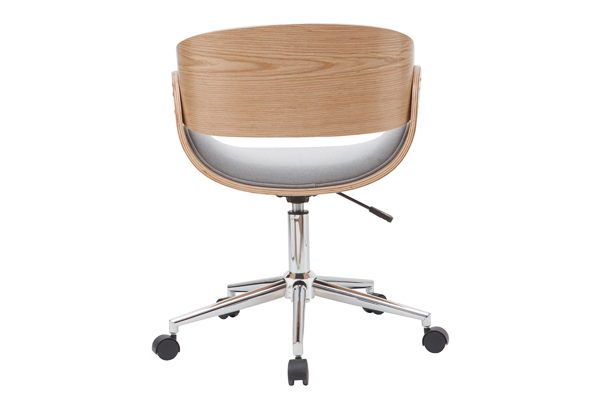 Chaise de bureau � roulettes design en tissu gris, bois clair et acier chrom� BENT