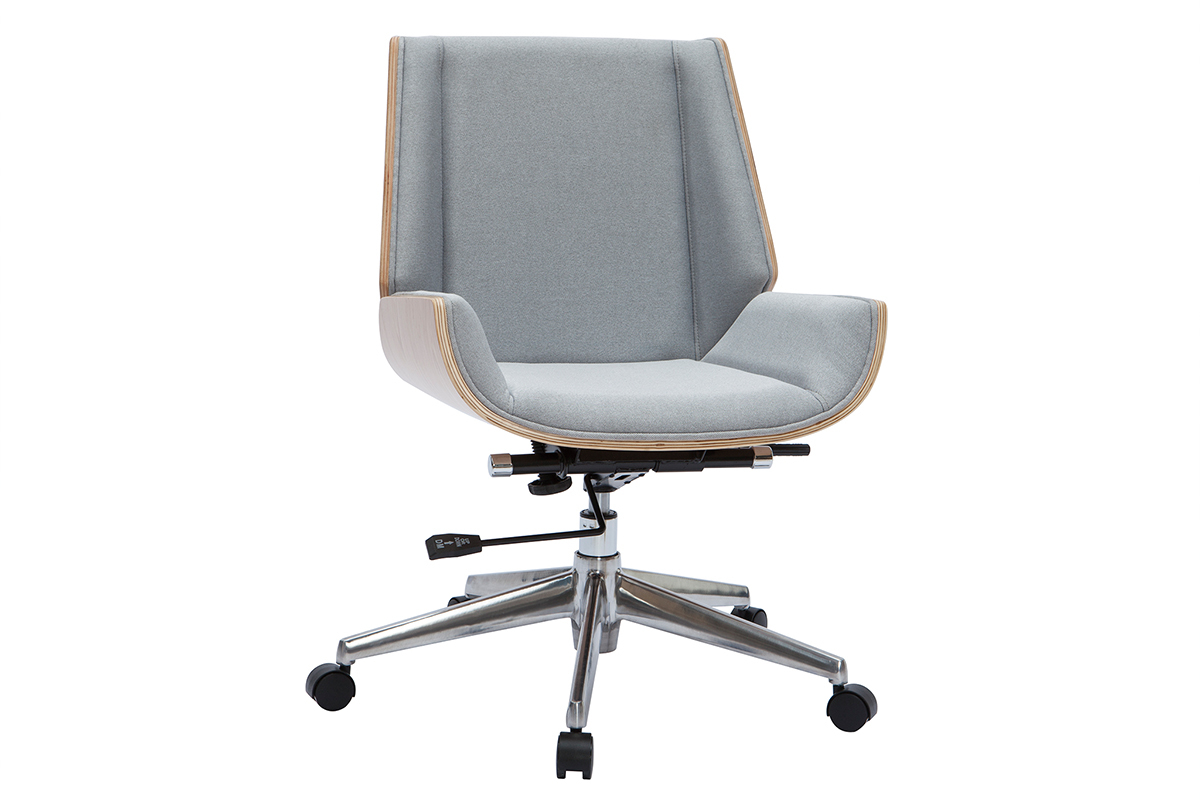 Chaise de bureau � roulettes design en tissu gris clair, bois clair et acier chrom� CURVED