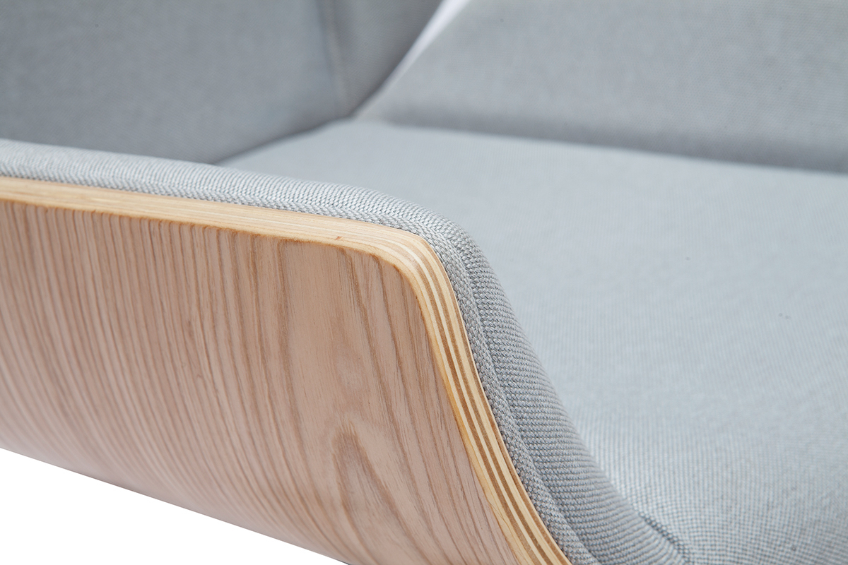 Chaise de bureau � roulettes design en tissu gris clair, bois clair et acier chrom� CURVED