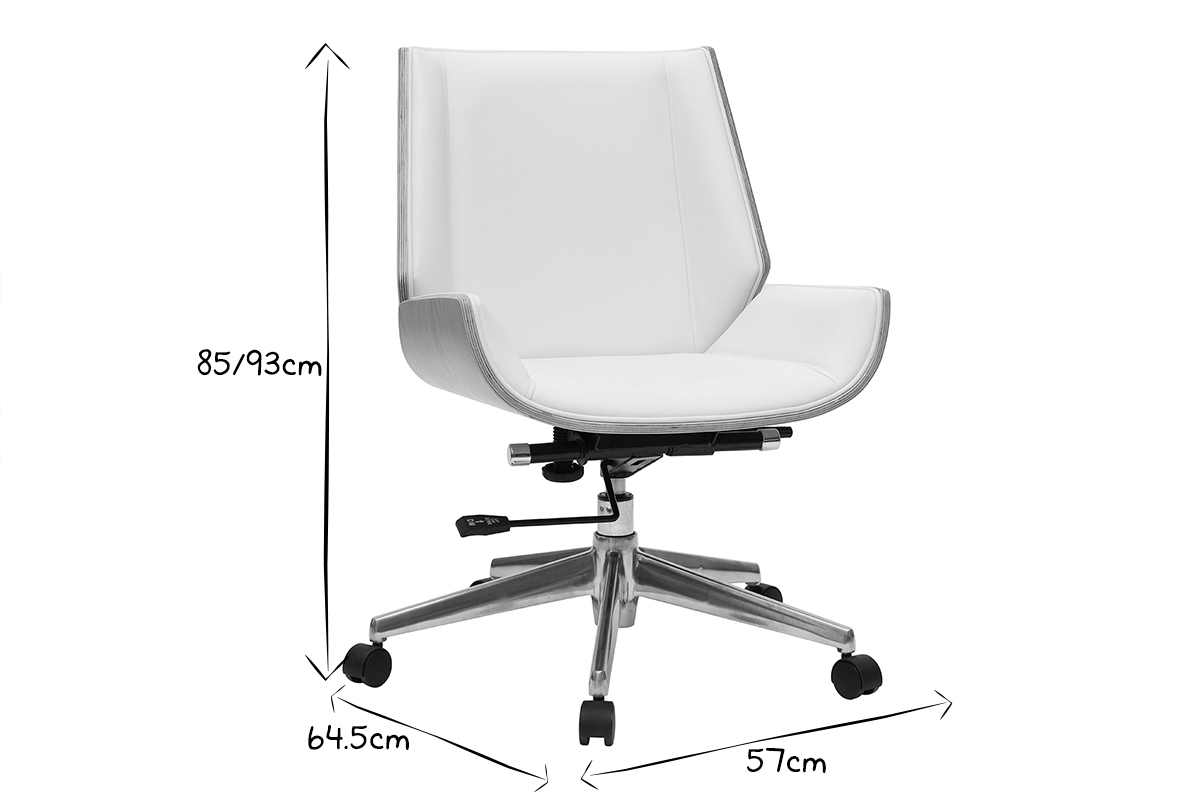 Chaise de bureau � roulettes design en tissu gris clair, bois clair et acier chrom� CURVED