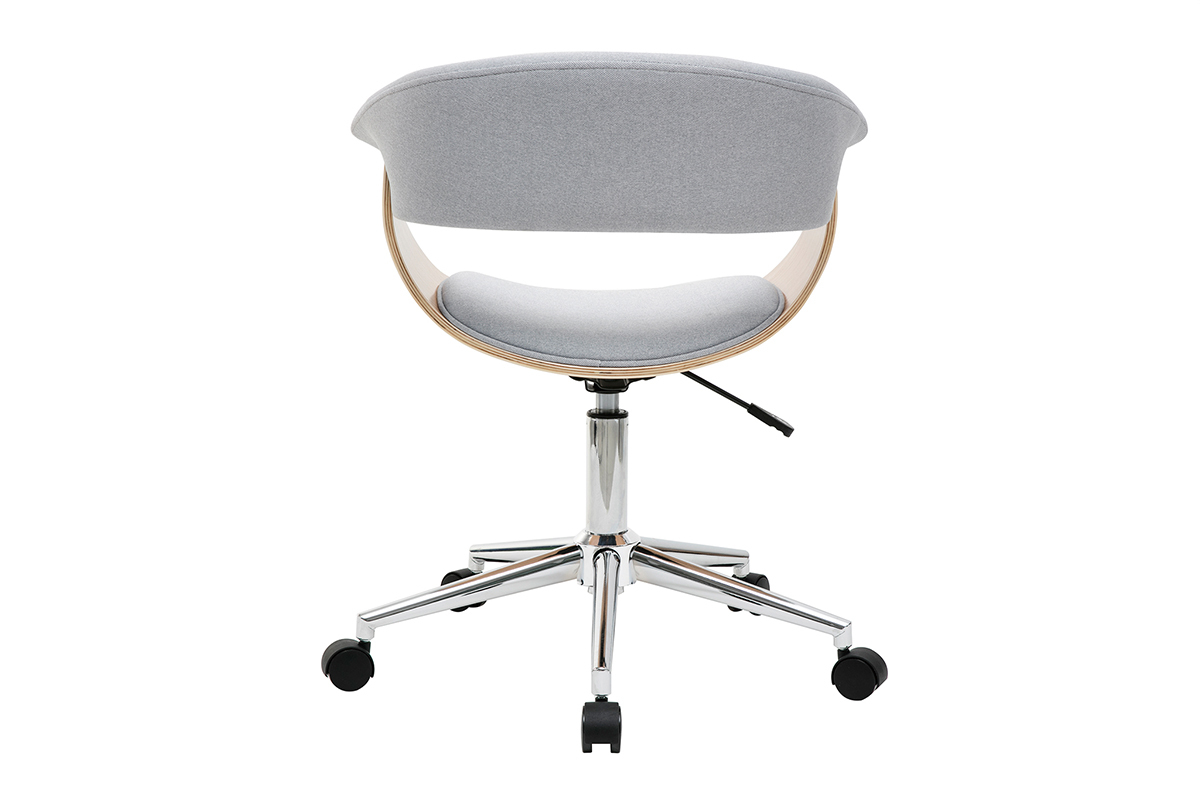 Chaise de bureau design en tissu gris clair, vue arri�re, roulettes et base en acier chrom�.