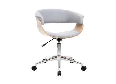 Chaise de bureau &agrave; roulettes design en tissu gris clair, bois clair et acier chrom&eacute; OKTAV