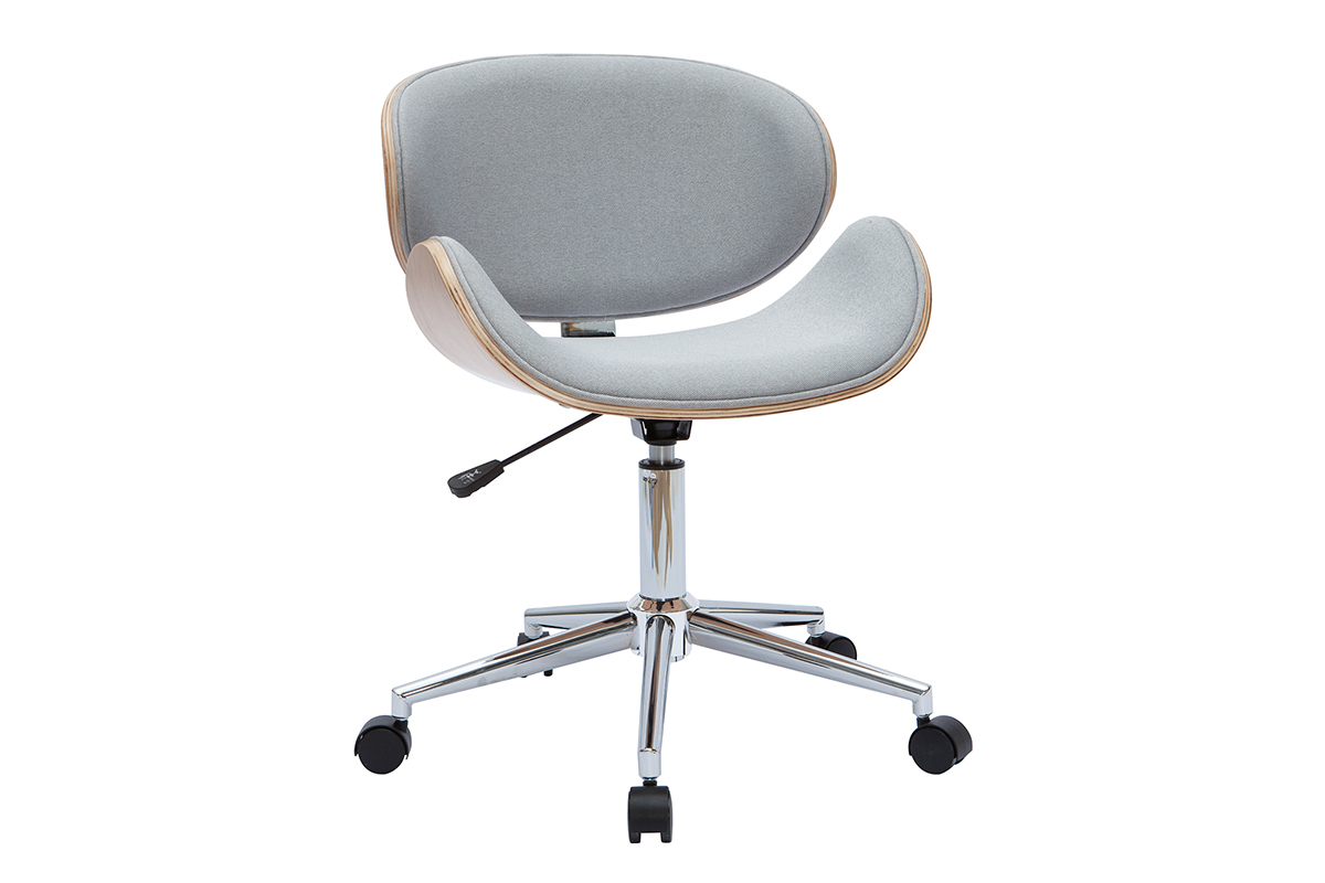 Chaise de bureau � roulettes design en tissu gris clair, bois clair et acier chrom� WALNUT