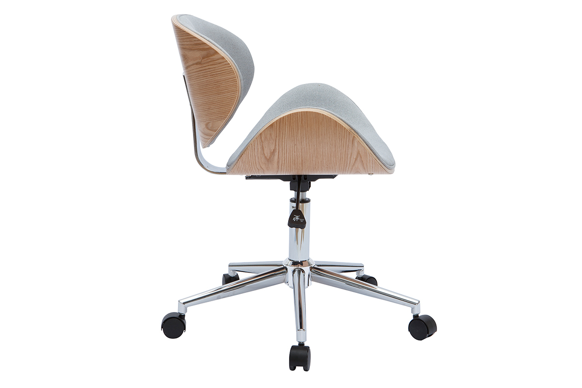 Chaise de bureau � roulettes design en tissu gris clair, bois clair et acier chrom� WALNUT