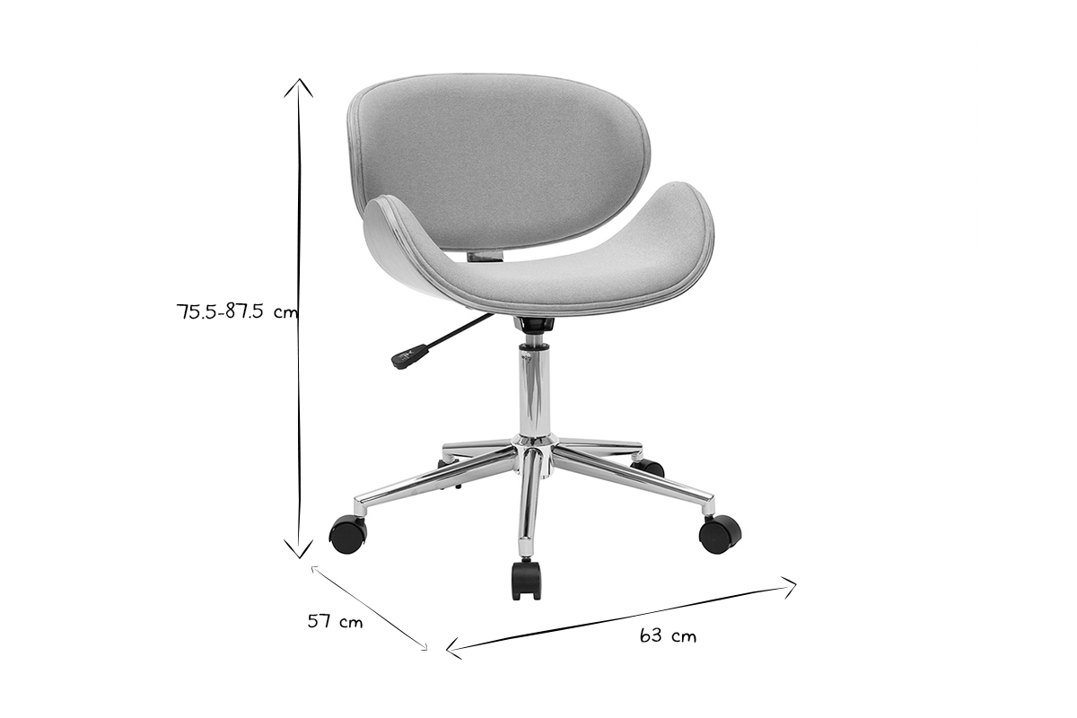 Chaise de bureau � roulettes design en tissu gris clair, bois clair et acier chrom� WALNUT