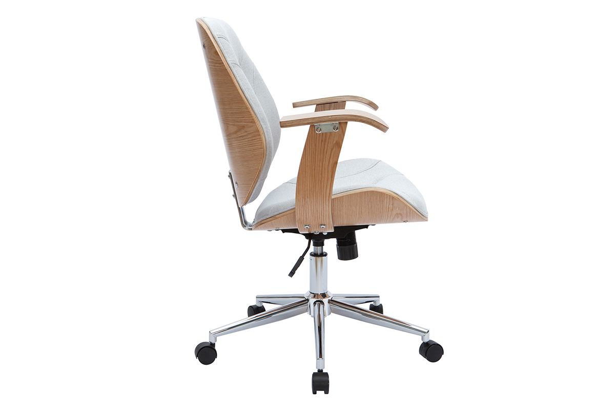 Chaise de bureau � roulettes design en tissu gris clair, bois clair et acier chrom� YORKE