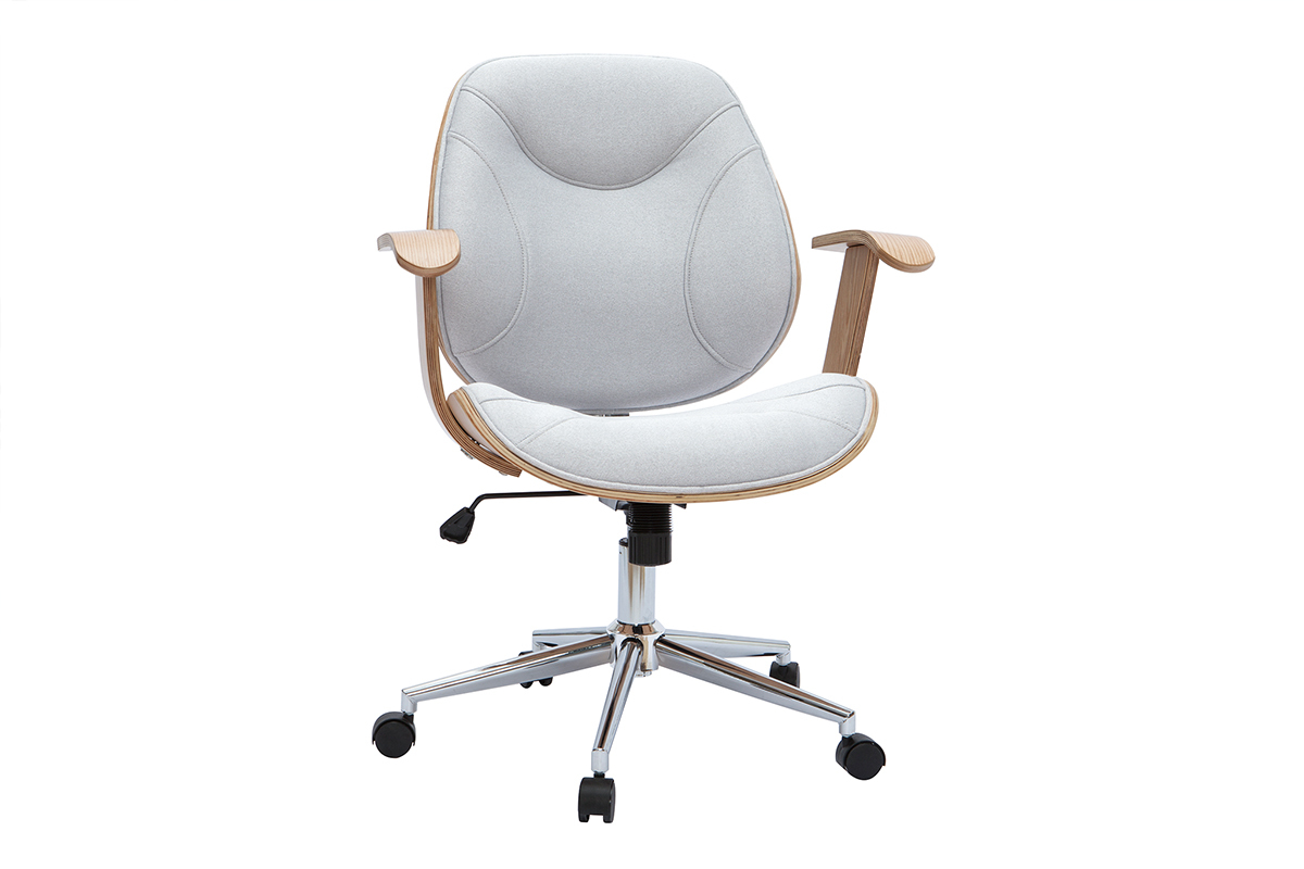 Chaise de bureau � roulettes design en tissu gris clair, bois clair et acier chrom� YORKE