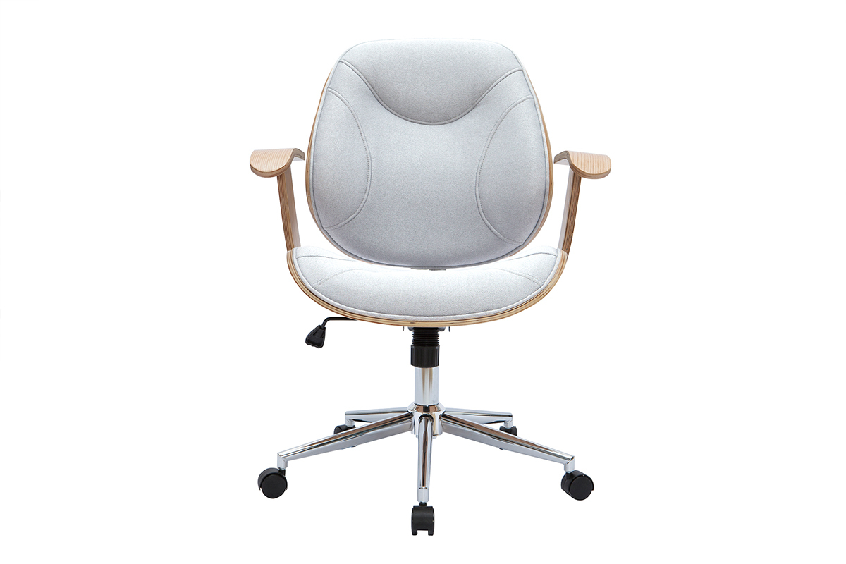 Chaise de bureau � roulettes design en tissu gris clair, bois clair et acier chrom� YORKE