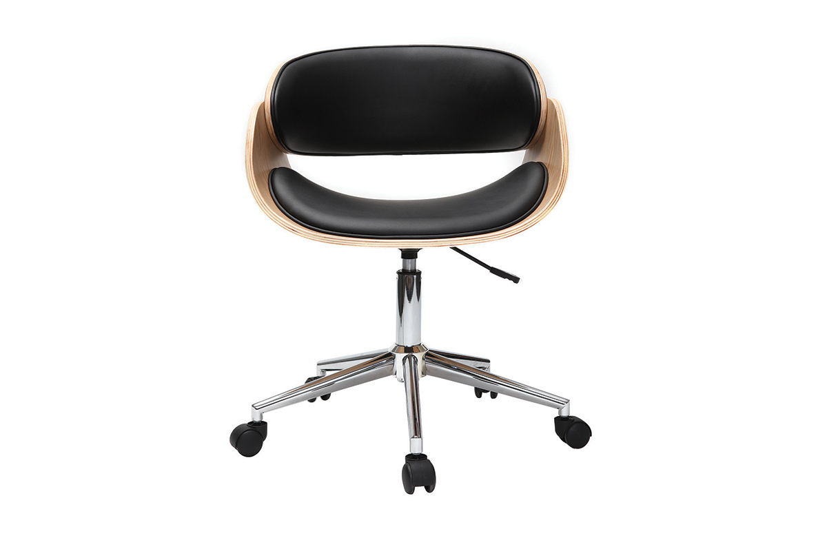 Chaise de bureau � roulettes design noir, bois clair et acier chrom� BENT
