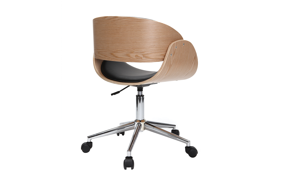 Chaise de bureau � roulettes design noir, bois clair et acier chrom� BENT
