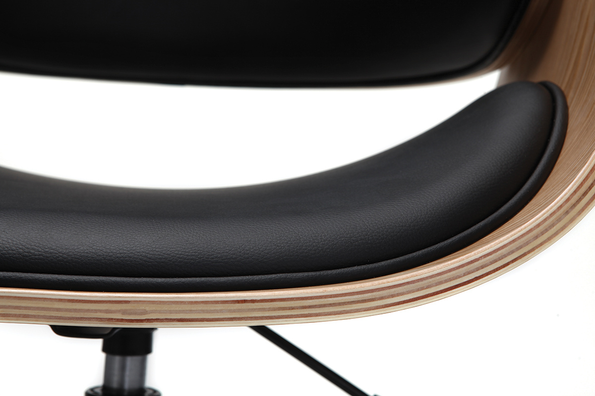 Chaise de bureau � roulettes design noir, bois clair et acier chrom� BENT