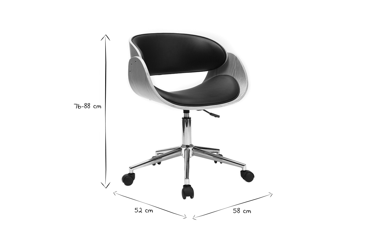 Chaise de bureau � roulettes design noir, bois clair et acier chrom� BENT