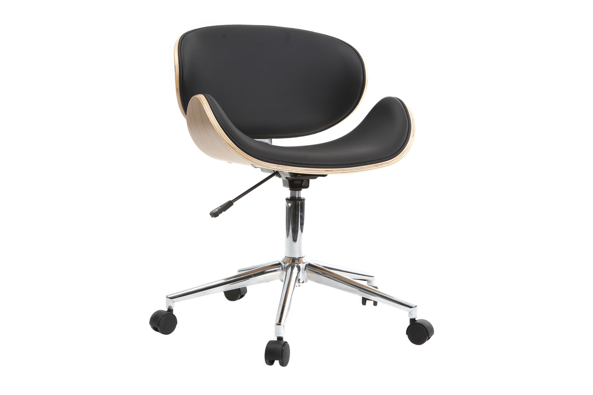 Chaise de bureau � roulettes design noir, bois clair et acier chrom� WALNUT