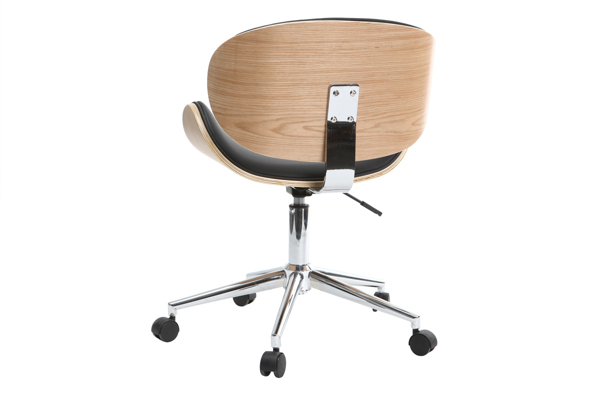 Chaise de bureau � roulettes design noir, bois clair et acier chrom� WALNUT