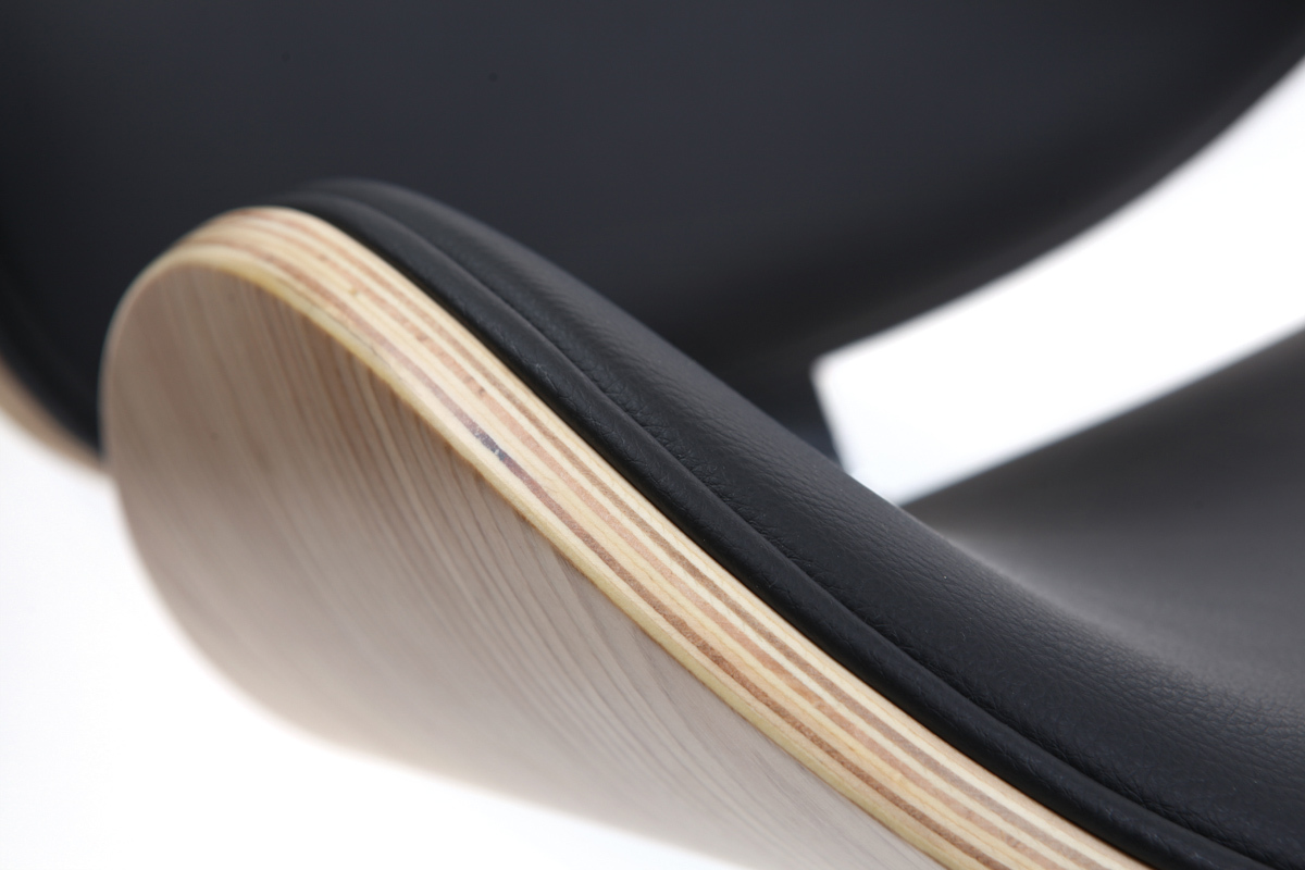 Chaise de bureau � roulettes design noir, bois clair et acier chrom� WALNUT