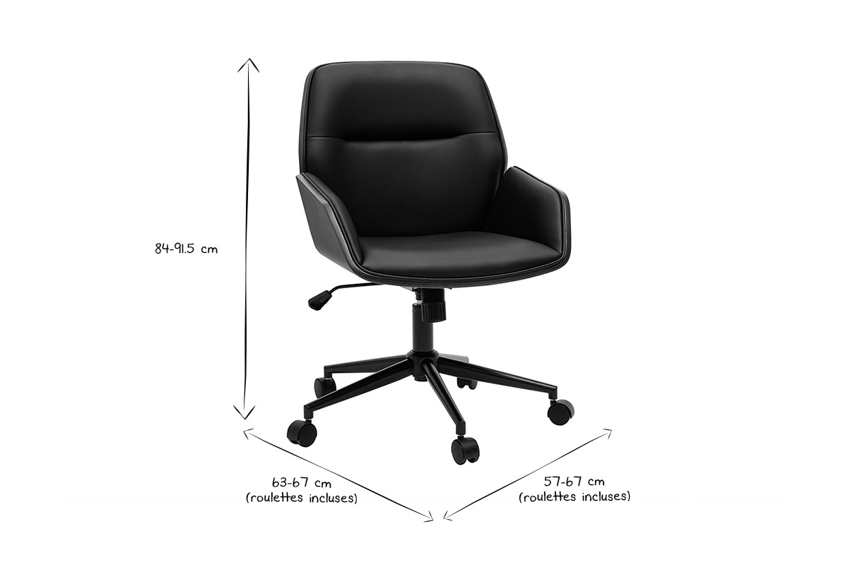 Chaise de bureau noire en vue de 3/4 avec dimensions indiqu�es en noir et blanc.