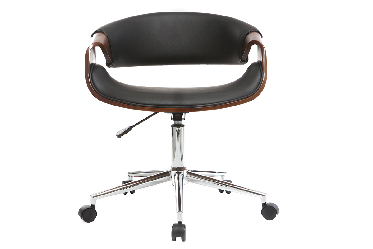 Chaise de bureau � roulettes design noir bois fonc� noyer et acier chrom� ARAMIS