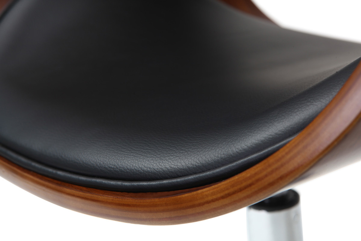 Chaise de bureau � roulettes design noir, bois fonc� noyer et acier chrom�  BENT
