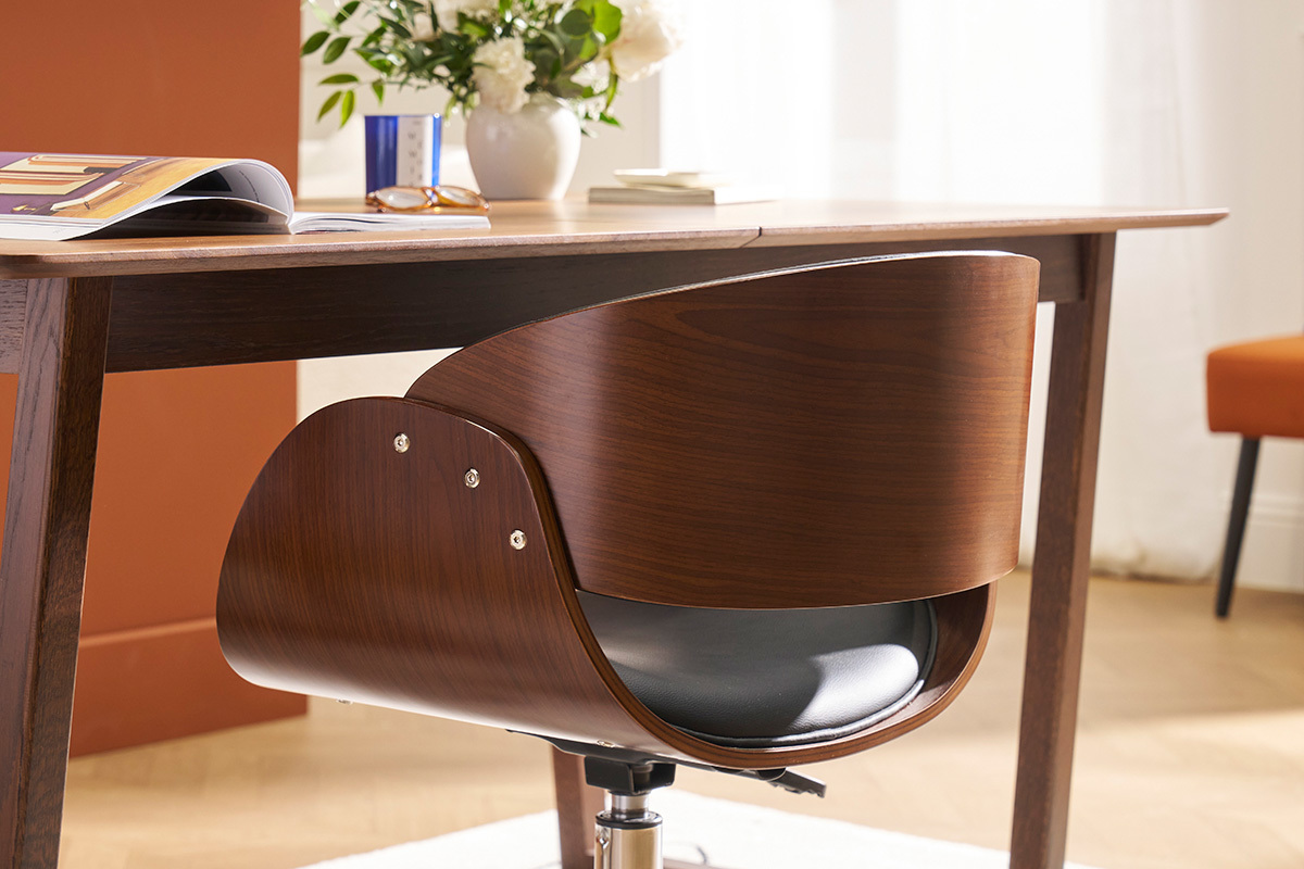 Chaise de bureau � roulettes design noir, bois fonc� noyer et acier chrom�  BENT