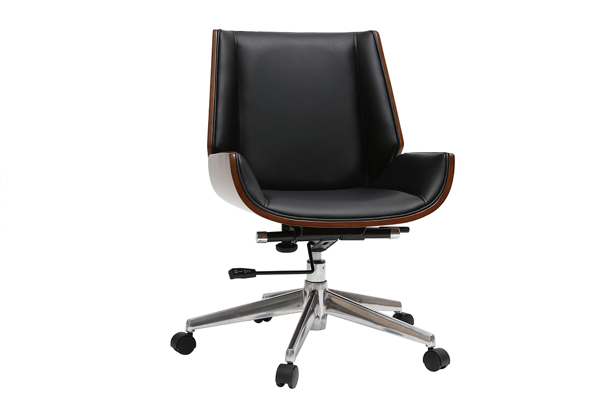 Chaise de bureau � roulettes design noir, bois fonc� noyer et acier chrom� CURVED