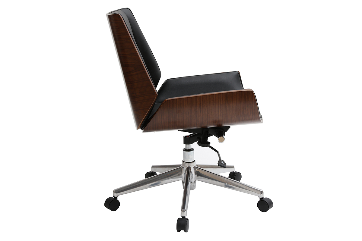 Chaise de bureau � roulettes design noir, bois fonc� noyer et acier chrom� CURVED