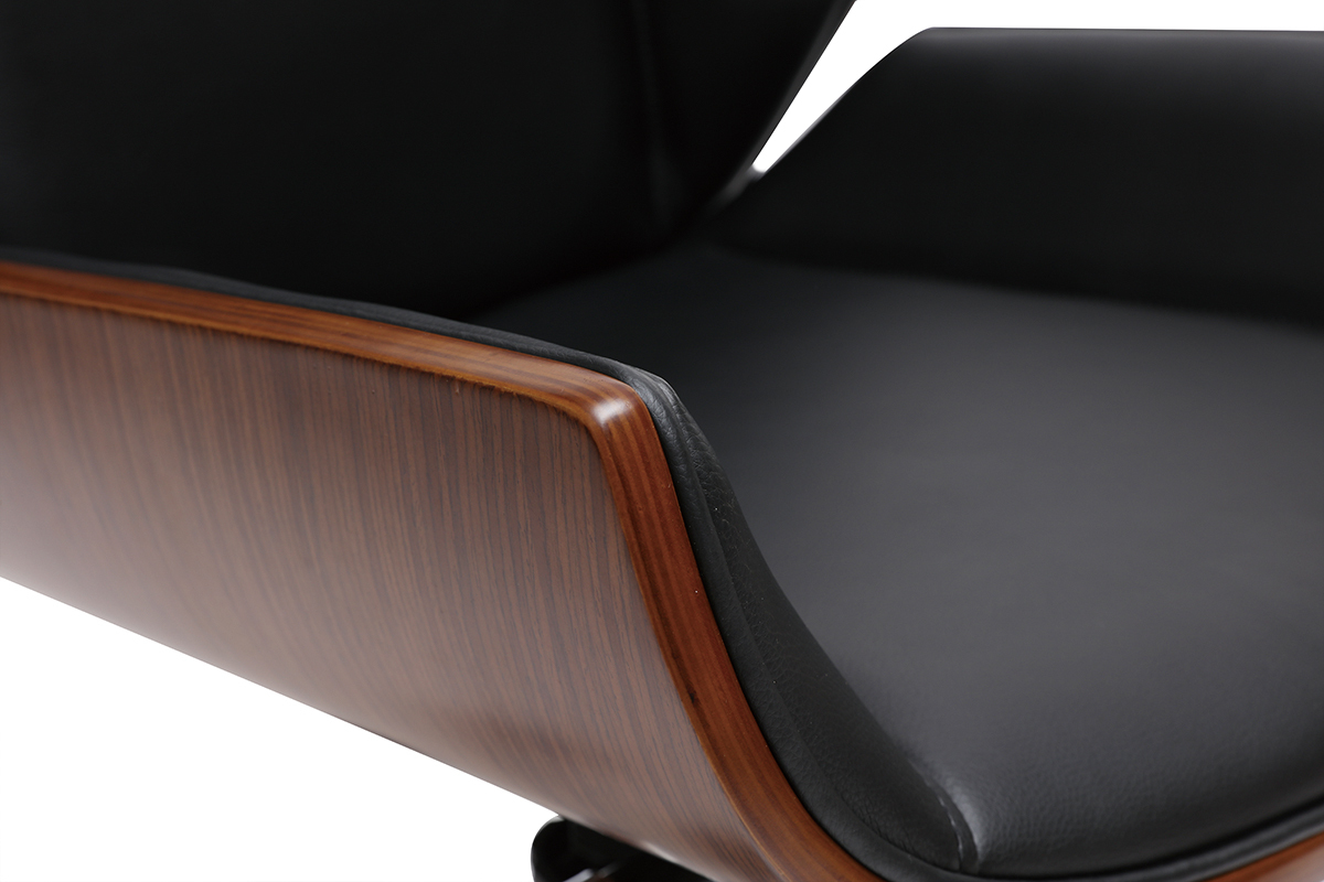 Chaise de bureau � roulettes design noir, bois fonc� noyer et acier chrom� CURVED