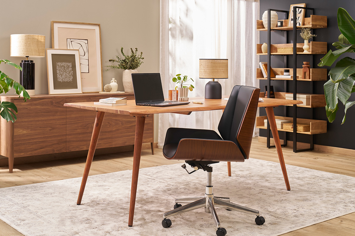 Chaise de bureau � roulettes design noir, bois fonc� noyer et acier chrom� CURVED