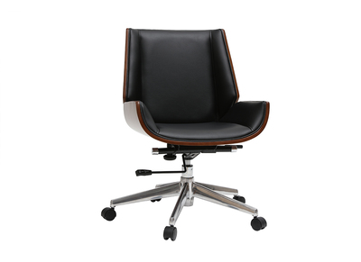 Chaise de bureau &agrave; roulettes design noir, bois fonc&eacute; noyer et acier chrom&eacute; CURVED