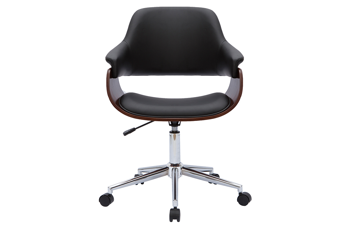 Chaise de bureau � roulettes design noir, bois fonc� noyer et acier chrom� HANSEN