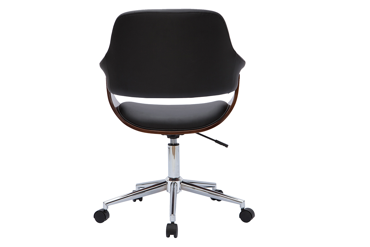 Chaise de bureau � roulettes design noir, bois fonc� noyer et acier chrom� HANSEN