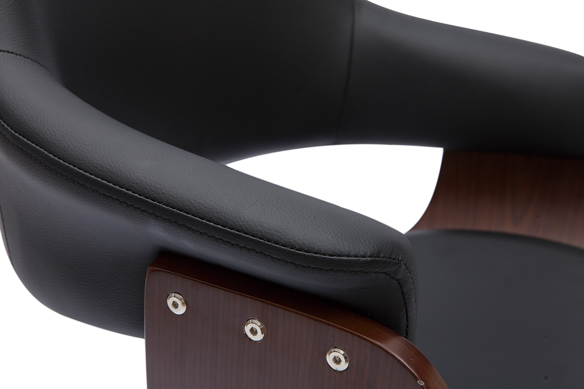 Chaise de bureau � roulettes design noir, bois fonc� noyer et acier chrom� HANSEN