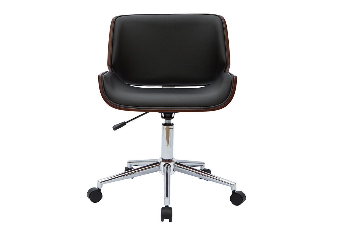 Chaise de bureau � roulettes design noir, bois fonc� noyer et acier chrom� RUBBENS