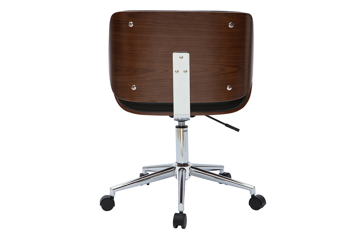 Chaise de bureau � roulettes design noir, bois fonc� noyer et acier chrom� RUBBENS