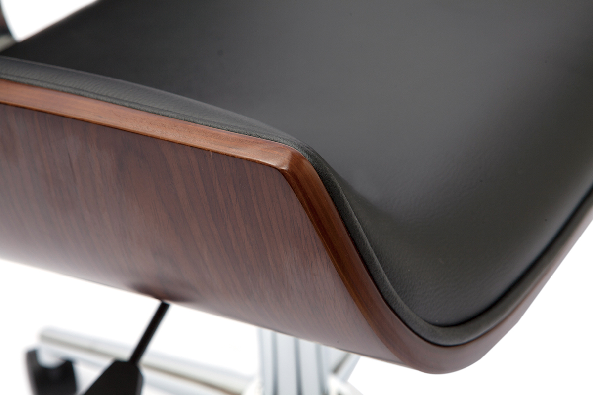 Chaise de bureau � roulettes design noir, bois fonc� noyer et acier chrom� RUBBENS