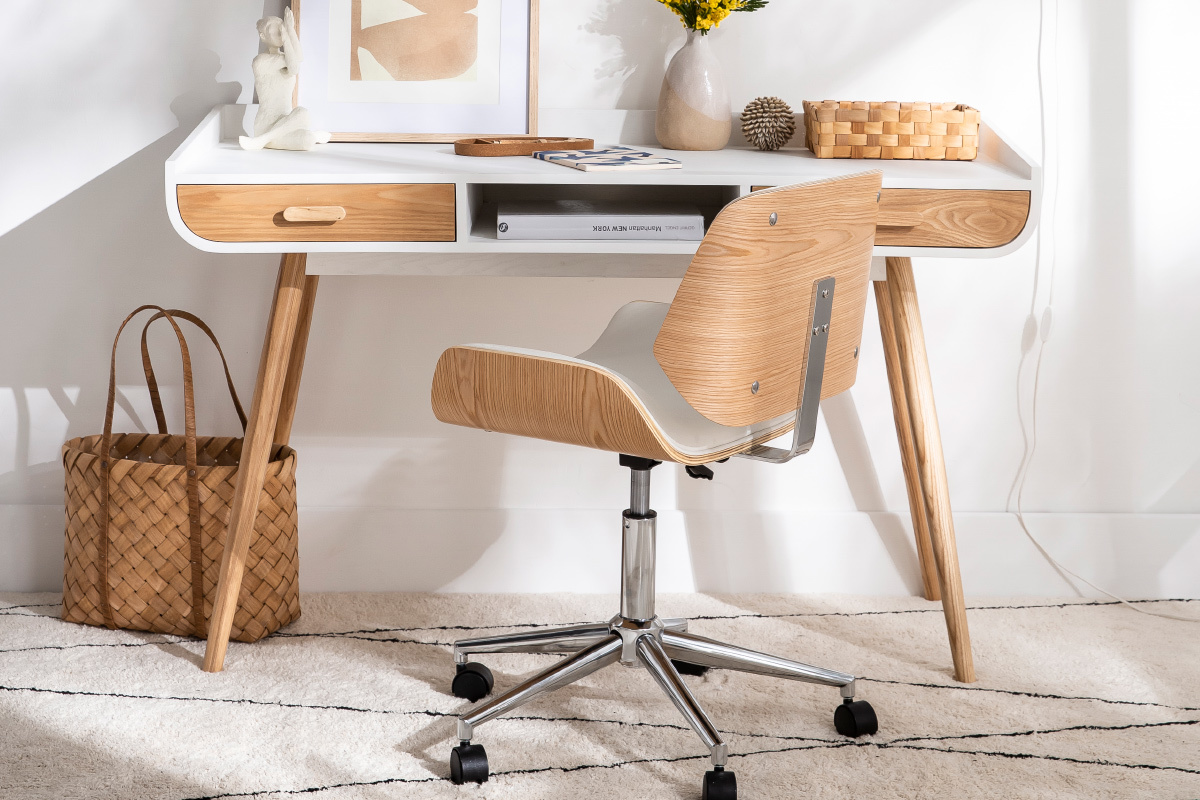Chaise de bureau � roulettes design noir, bois fonc� noyer et acier chrom� RUBBENS