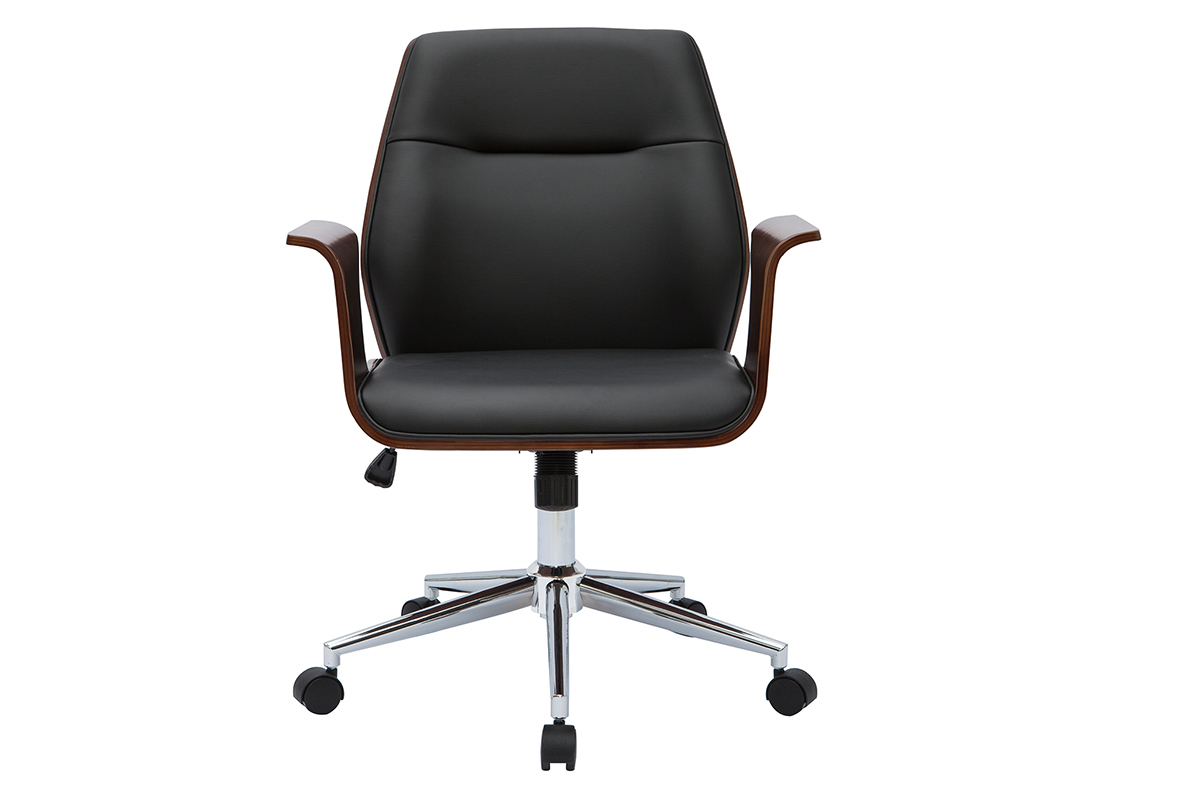 Chaise de bureau � roulettes design noir, bois fonc� noyer et acier chrom� RUFIN